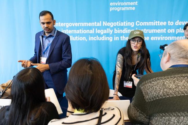 Sivendra Michael, Fiji, and Camila Isabel Zepeda Lizama, Mexico, give statements to the press