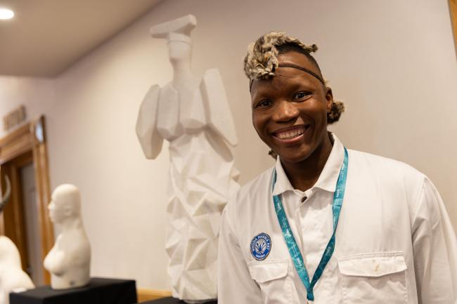 Wolradt Sithole, artist, displays his abstract art made from local Namibian marble, that aims to bring together different elements of life and inspire new ways of finding identity