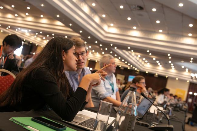 Delegates consult during the session