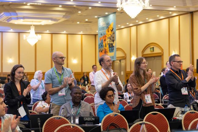 Delegates give a standing ovation to the Coordinating Lead Authors as a number of key messages are finalised after lengthy deliberations