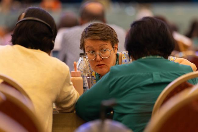 Polina Shulbaeva, International Indigenous Forum on Biodiversity and Ecosystem Services (IIFBES), speaks with delegates