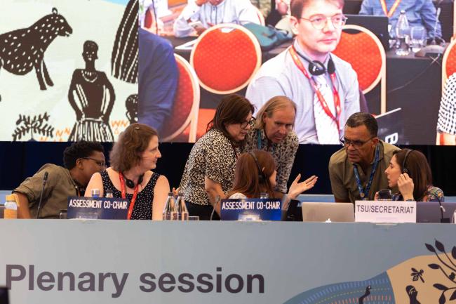 Coordinating Lead Authors and the IPBES Secretariat consult on the podium as the rules of procedure are questioned