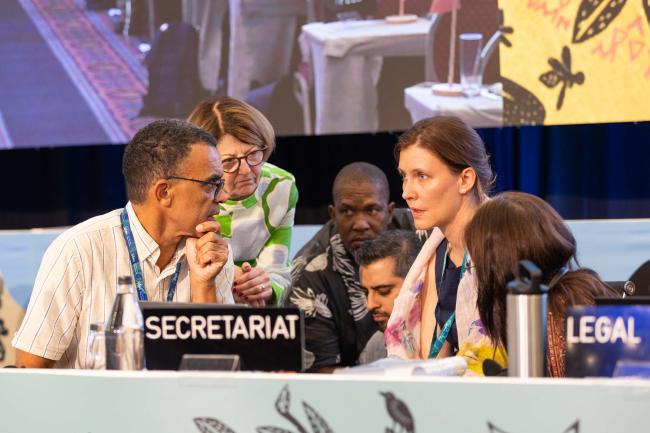 David Obura, IPBES Chair, consults with the IPBES Secretariat as Brazil requests to make amendments to the Transformative Change Assessment text