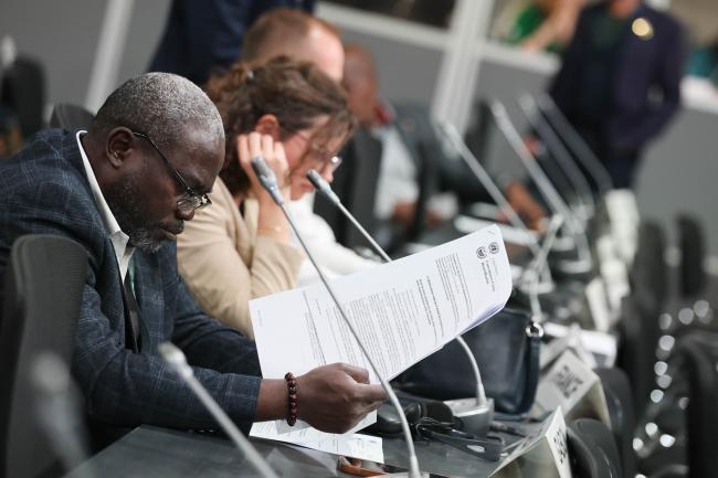 Delegates review the documents. 