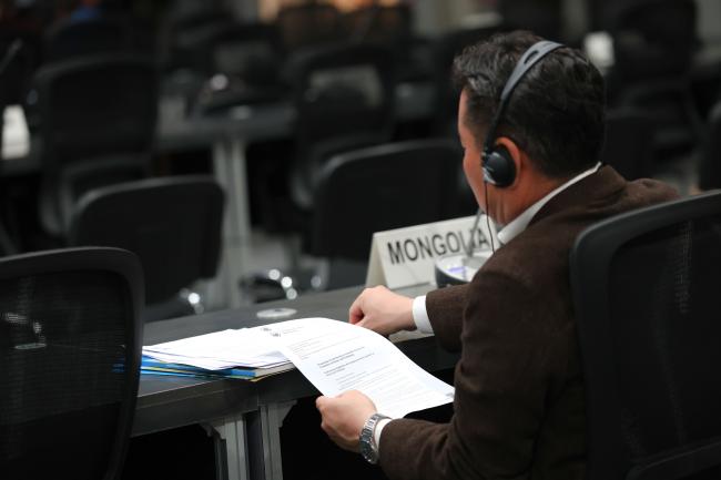 Delegates review decision documents. 