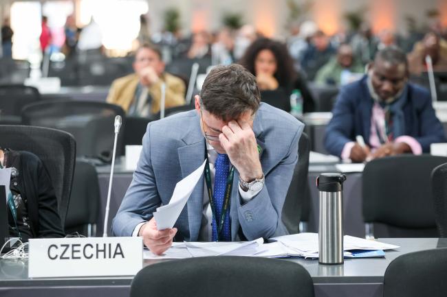 Delegates review decision documents.
