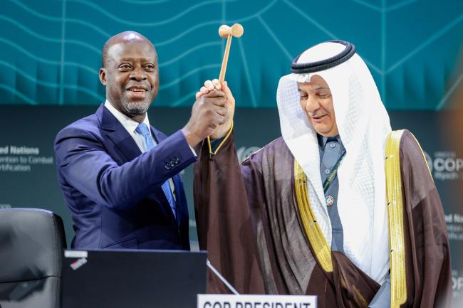 Alain-Richard Donwahi, COP15 President, passes the gavel to Abdulrahman Abdulmohsen AlFadley, COP 16 President 