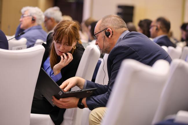 Delegates from Denmark consult during the plenary