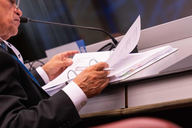 Participant leafing through meeting documents - CITES_SC78_5feb2025-photo