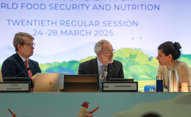 From L-R: Dan Leskien, CGRFA Secretariat; CGRFA 20 Chair Benoît Girard, Canada; and CGRFA Secretary Manoela Pessoa de Miranda