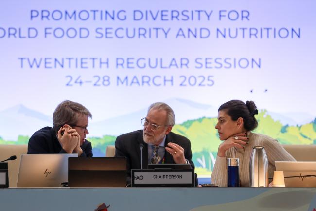 From L-R: Dan Leskien, CGRFA Secretariat; CGRFA 20 Chair Benoît Girard, Canada; and CGRFA Secretary Manoela Pessoa de Miranda