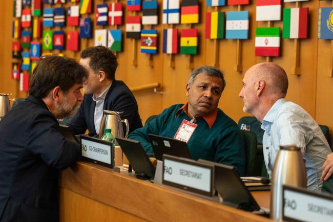 Álvaro Toledo, ITPGRFA Secretariat, speaking with Working Group Co-Chairs Sunil Archak and Michael Ryan - ITPGRFA_OEWG13_3april2025-photo