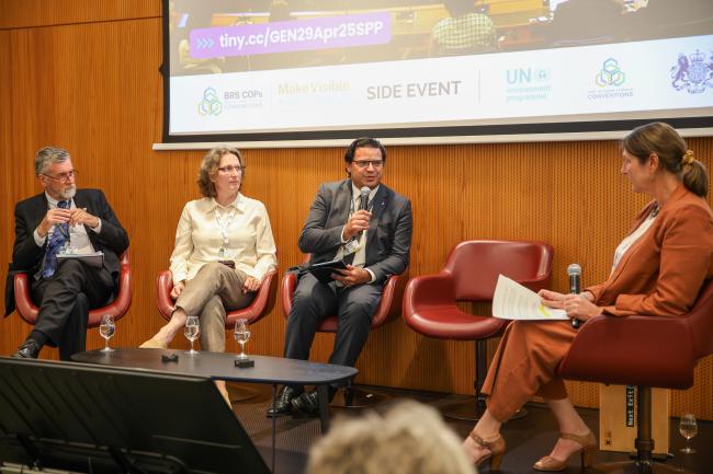 From L-R: Peter Dawson, New Zealand; Monika Stankiewicz, Executive Secretary, Minamata Convention; Adalberto Maluf, Brazil; and Tessa Goverse, UNEP
