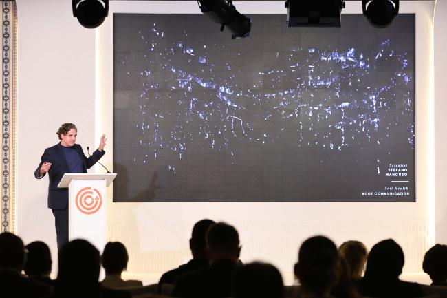A slide showing the work Econtinuum that uses sensors to mimic trees' roots communication. 