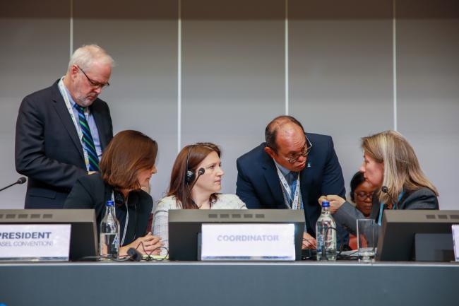 From L-R: David Ogden, Deputy Executive Secretary, BRS Conventions; Basel Convention COP17 President Anita Sowińska; Marylene Beau, BRS Conventions Secretariat; Rolph Payet, Executive Secretary, BRS Conventions; and Juliette Kohler, BRS Conventions Secretariat