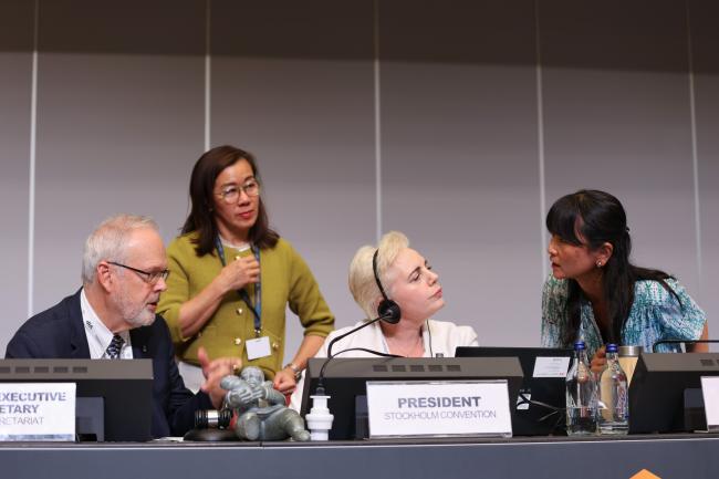 From L-R: David Ogden, Deputy Executive Secretary, BRS Conventions; Sharon Rivera, BRS Conventions Secretariat; Stockholm Convention COP12 President Maya Berci; and Kei Ohno Woodall, BRS Conventions Secretariat