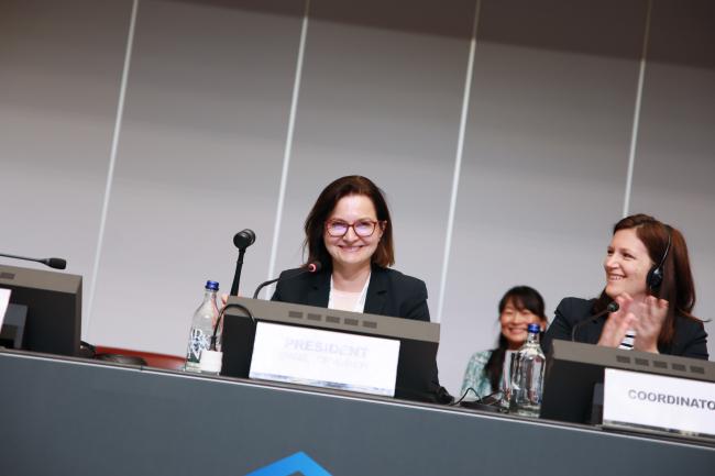 Basel Convention COP17 President Anita Sowińska gaveling the adoption of the decision on plastic waste
