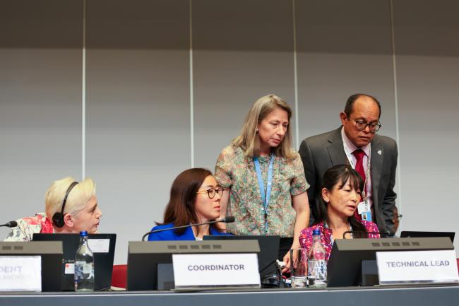 From L-R: Stockholm Convention COP12 President Maya Berci; Sharon Rivera, BRS Conventions Secretariat; Juliette Voinov Kohler, BRS Conventions Secretariat; Kei Ohno Woodall, BRS Conventions Secretariat; and Rolph Payet, Executive Secretary, BRS Conventions