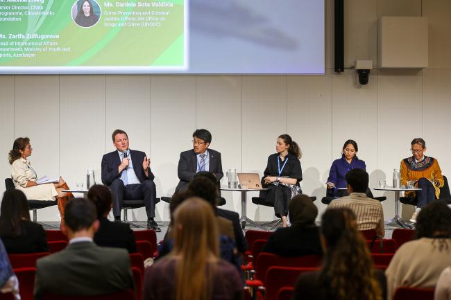  From L-R: Meagan Fallone, Founder, Step Up Advisers, Ltd; Tom Mitchell, Director, International Institute for Environment and Development (IIED); Xiaohua Zhang, Senior Director, China Programme, ClimateWorks Foundation; Zarifa Zulfugarova, Head of International Relations Department, Ministry of Youth and Sports, Azerbaijan; Daniela Sota Valdivia, Crime Prevention and Criminal Justice Officer, Corruption and Economic Crime Branch, United Nations Office on Drugs and Crime (UNODC); and Rodion Sulyandziga, Cha