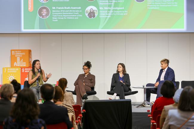 From L-R: Hailey Campbell, Director, Care About Climate; Helena de Castro Dias, Human Rights lawyer, and Researcher on Sustainability Governance and Global Supply Chains, Leuphana University; Mette Lundgaard, Denmark Youth Delegate to the UN for Climate and Environment; and Genaro Matías Godoy, Youth Climate Finance negotiator at COP29