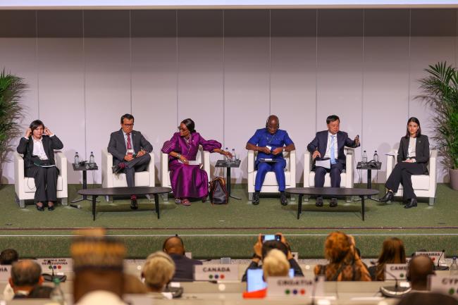 From L-R: Asel Raimkulova, Deputy Minister of Natural Resources, Kyrgyzstan; Fernando Andrés López Larreynaga, Minister of Environment and Natural Resources, El Salvador; Musonda Mumba, Secretary General, Ramsar Convention on Wetlands; Konan Jacques Assahoré, Minister of the Environment, Sustainable Development and Ecological Transition, Côte d'Ivoire; Li Gao, Director General of the Department of Climate Change, Ministry of Ecology and Environment, China; and Joanna Bérenger, Junior Minister of Environment