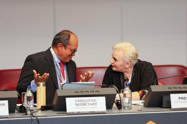 Rolph Payet, Executive Secretary, BRS Conventions, with Stockholm Convention COP12 President Maya Berci