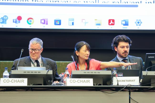 From L-R: Contact Group on Basel Convention technical guidelines Co-Chair Martien Janssen, the Netherlands; Kei Ohno Woodall, BRS Conventions Secretariat; and Andrea Cararo, BRS Conventions Secretariat