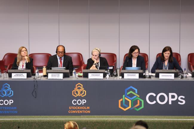 From L-R: Christine Fuell, Executive Secretary ad interim, Rotterdam Convention; Rolph Payet, Executive Secretary, BRS Conventions; Stockholm Convention COP12 President Maya Berci; Basel Convention COP17 President Anita Sowińska; and Marylene Beau, BRS Conventions Secretariat