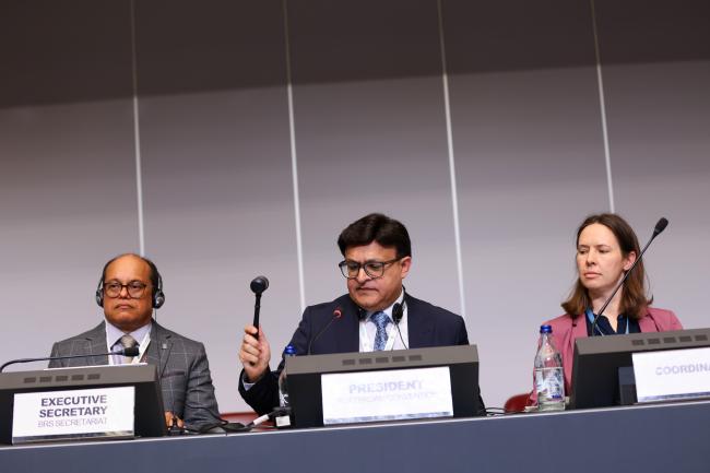 Rotterdam Convention COP12 President Hammad Shamimi (middle), gaveling the listing of fenthion to Annex III of the Rotterdam Convention