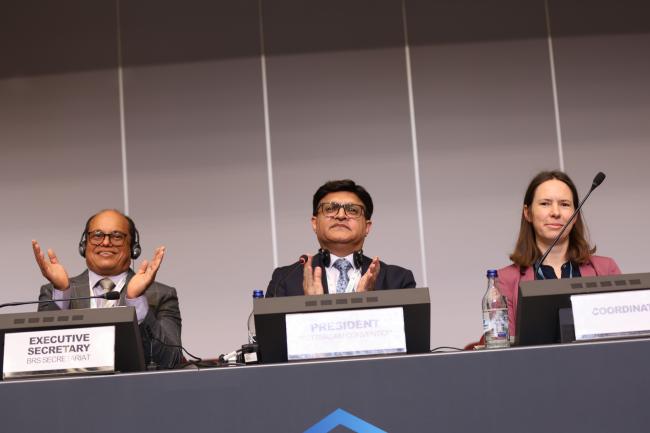 From L-R: Rolph Payet, Executive Secretary, BRS Conventions; Rotterdam Convention COP12 President Hammad Shamimi; and Andrea Lechner, BRS Conventions Secretariat