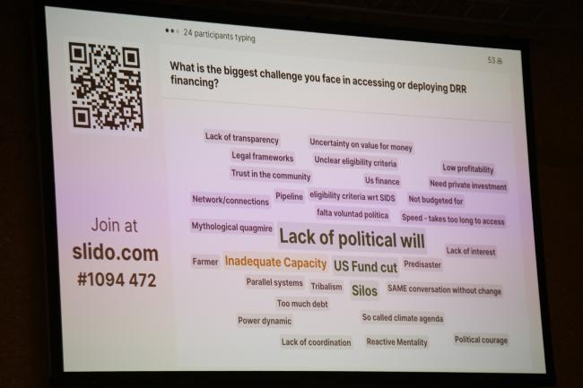 A slide showing some of the biggest challenges in accessing or deploying DRR financing. 