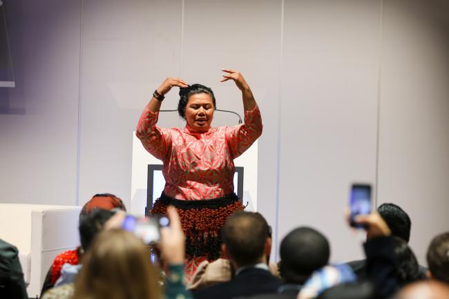 Makelesi Ngata, Pacific Women’s Representative and DRR champion, performing a dance 