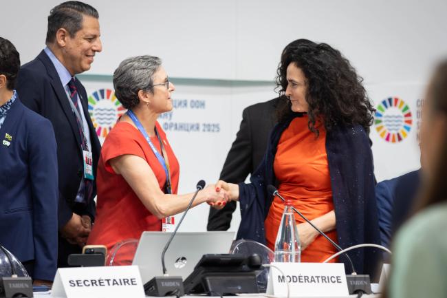 Karen Sack, Executive Director, ORRAA, speaks with Mafalda Duarte, Executive Director, GCF