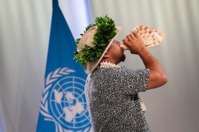 The third UN Oceans Conference opened with a traditional 'call of the conch' to welcome dignitaries to the meeting