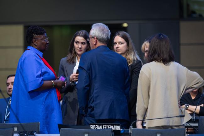 Cecilia Kinuthia-Njenga, UNFCCC Secretariat, speaks with delegates from the Russian Federation