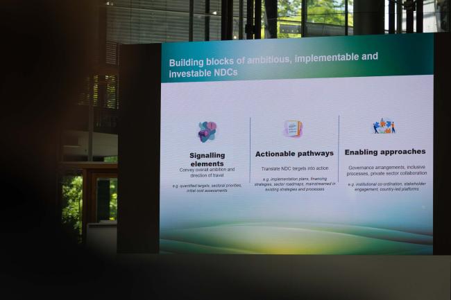 A slide highlights the buildings blocks of an ambitious, implementable, and investible NDC