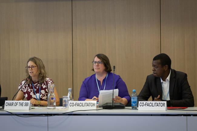 Julia Gardiner, SBI Chair, with Co-Facilitators Elfriede More, Austria, and Omar Alcock, Jamaica, during informal consultations on technology implementation