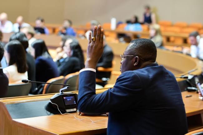 A delegate raises his hand to ask for the floor during the contact group on halons and fire suppressants. 