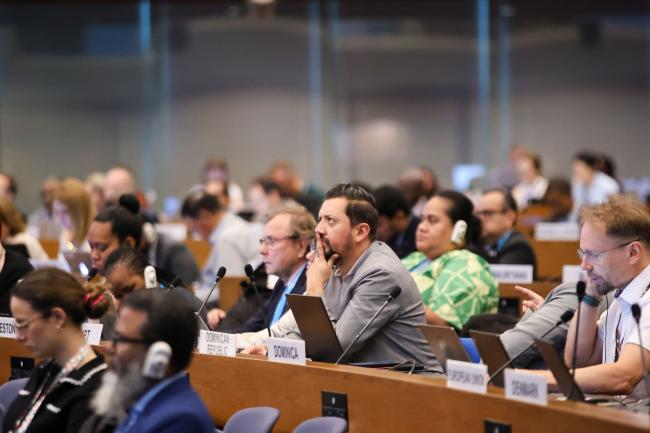 Delegates follow the proceedings. 