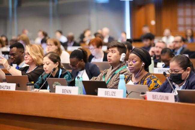 Delegates follow the proceedings. 
