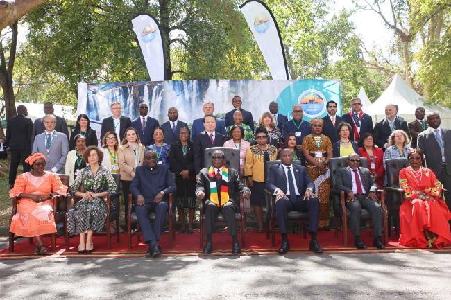 Emmerson Mnangagwa, President of Zimbabwe, poses with Ministers of various countries and high-level represetantives of international organisations 