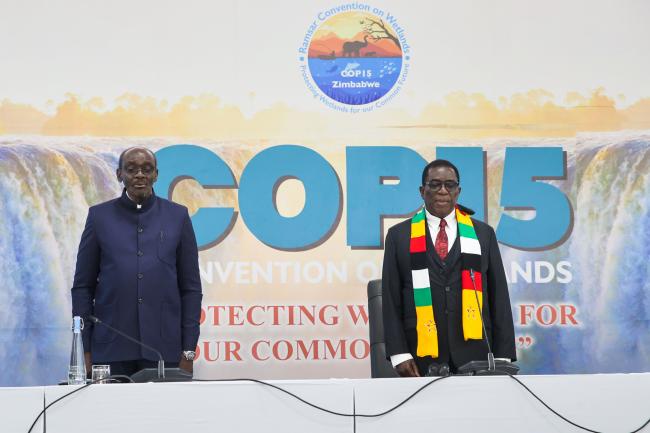 Kembo Mohadi, Vice-President, Zimbabwe, and Emmerson Mnangagwa, President of Zimbabwe, during the hearing of the national anthem of Zimbabwe 