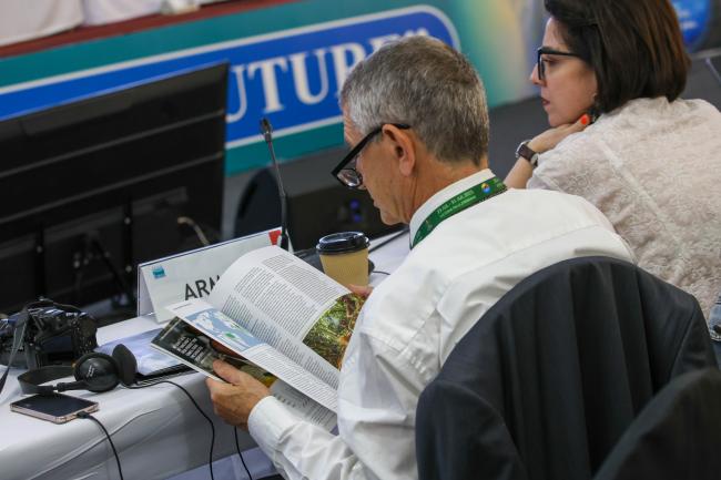 A delegate reading 