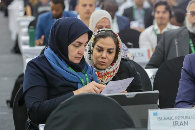 Delegates from Iran consult during the session. 