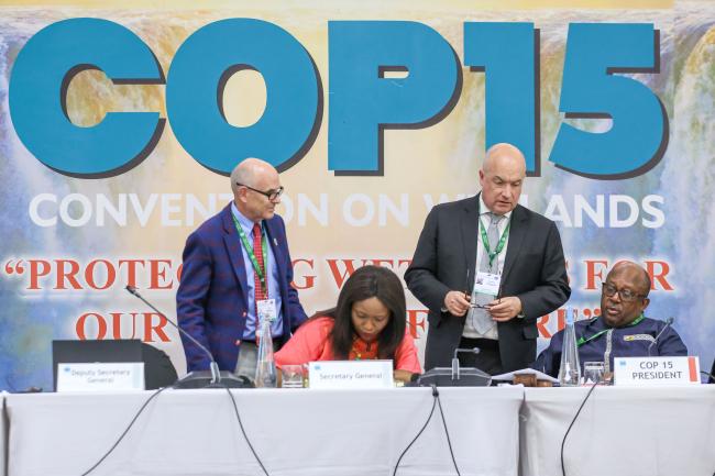 Stadler Trengove, Legal Advisor consults with Jay Aldous, Deputy Secretary General, Convention on Wetlands, and Tadeous Chifamba, COP15 Alternate President, Zimbabwe 