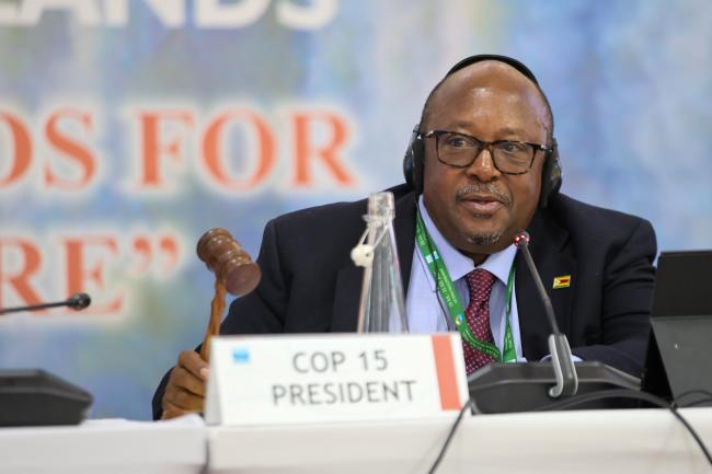 Tadeous Chifamba, COP15 Alternate President, Zimbabwe, gavels the approval of various decisions. 