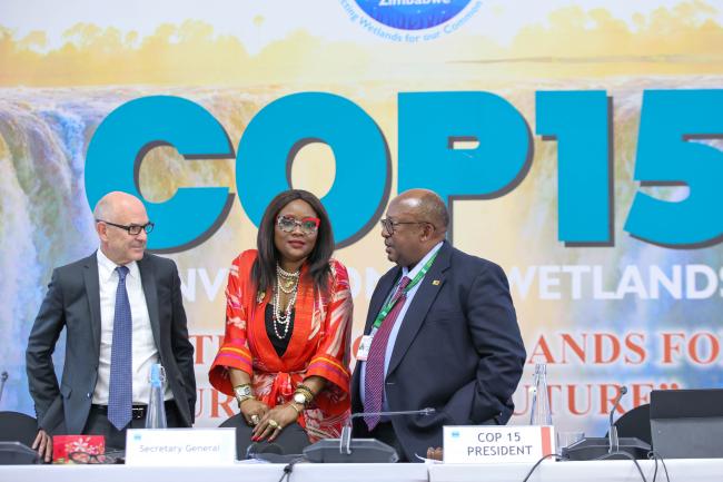 Jay Aldous, Deputy Secretary General, Convention on Wetlands, Musonda Mumba, Secretary General, Convention on Wetlands, and Tadeous Chifamba, COP15 Alternate President, Zimbabwe 
