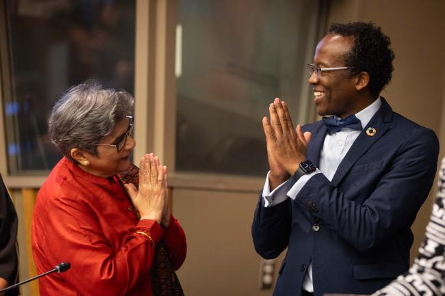 Rabab Fatima, Under Secretary-General and High Representative for LDCs, LLDCs and SIDS, and Secretary-General of the Third UN Conference on Landlocked Developing Countries (LLDC3), greets Landry Signé, Senior Fellow, Global Economy and Development, Africa Growth Initiative, Brookings Institution