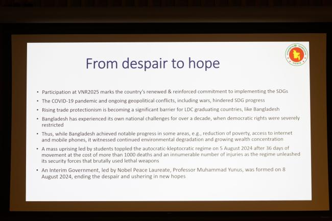 Bangladesh's VNR highlights how they are using the SDGs to transition from despair to hope after the COVID-19 pandemic