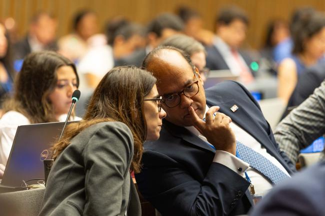 Delegates consult between sessions
